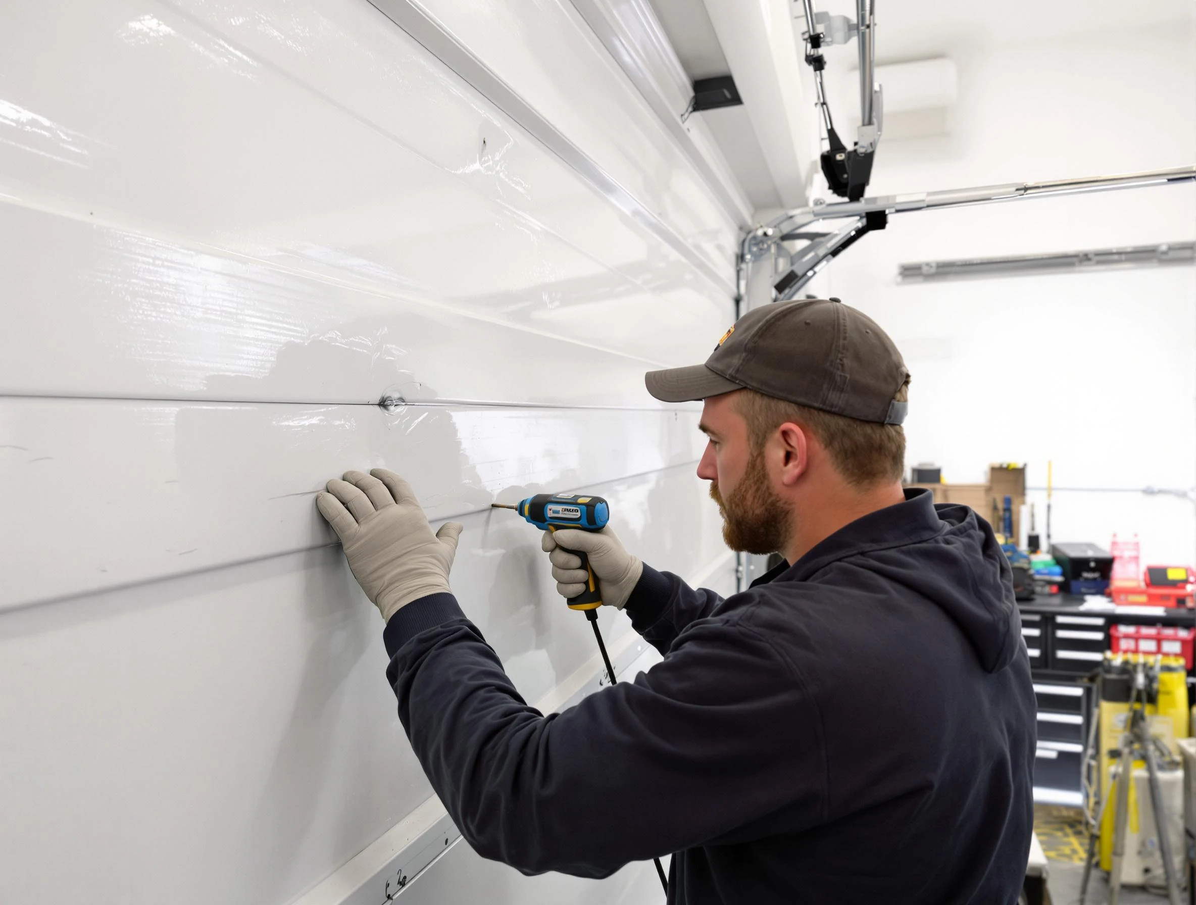 Brook Highland Garage Door Repair technician demonstrating precision dent removal techniques on a Brook Highland garage door